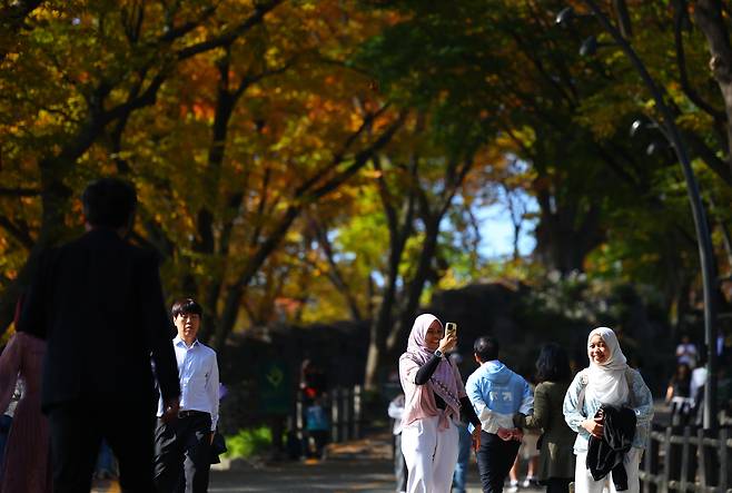 Foreign tourists take a stroll at Mount Namsan in central Seoul on Oct. 28. [YONHAP]