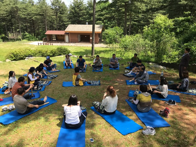 산림치유 활동 참가자들이 치유 프로그램을 진행 중인 모습. 산림청 제공