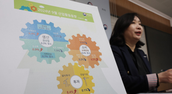 Kong Mi-sook, Director of Economic Trend Statistics at Statistics Korea, provides an explanation of the industrial activity trends for September 2024 at the Sejong Government Complex on the morning of the 31st. (Yonhap)