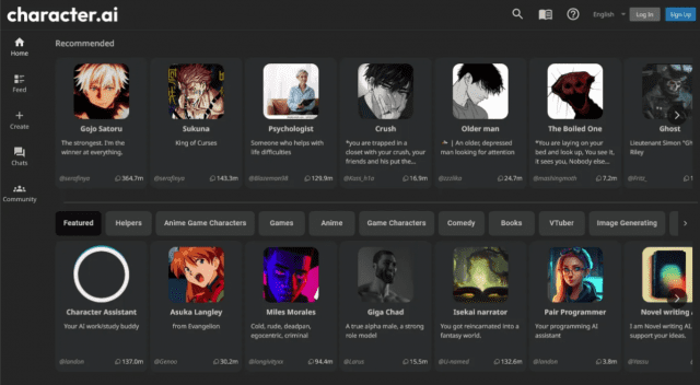 캐릭터AI에서는 1천600만개 이상의 다양한 캐릭터 챗봇과의 대화가 가능하다. (사진=캐릭터AI 캡처)
