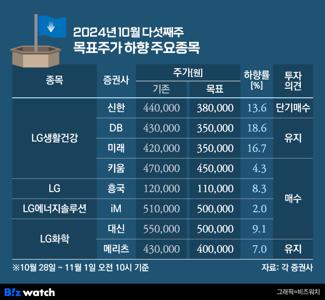 10월 다섯째주 목표주가 하향 목록/그래픽=비즈워치