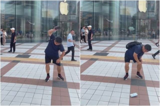 아이폰 수리비 125만원에 화난 중국 배우 류진이 아이폰을 박살내는 모습. [류진 웨이보 캡처]