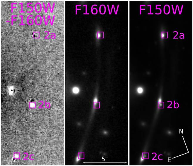 은하단 PLCK G165.7+67.0의 Ia형 초신성(2a, 2b, 2c)의 모습. 온라인 과학 저널 '아카이브(arXiv)'에 등록된 논문 'The JWST Discovery of the Triply-imaged Type Ia "Supernova H0pe" and Observations of the Galaxy Cluster PLCK G165.7+67.0' 캡처