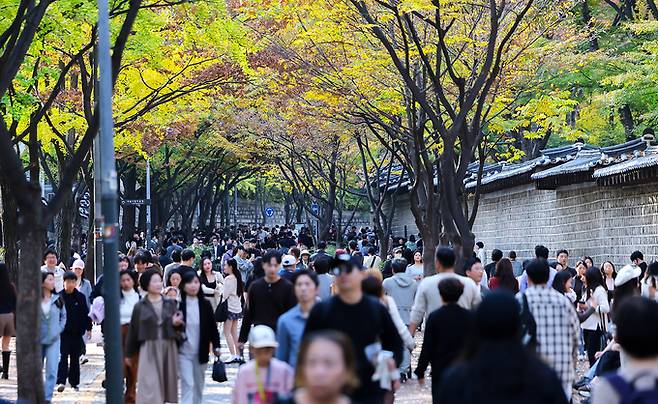 서울의 낮 최고기온이 24도 가까이 오르는 등 포근한 날씨를 보인 3일 오후 서울 중구 덕수궁 돌담길에 단풍이 물든 가운데 시민들이 늦가을 정취를 즐기고 있다.    뉴스1