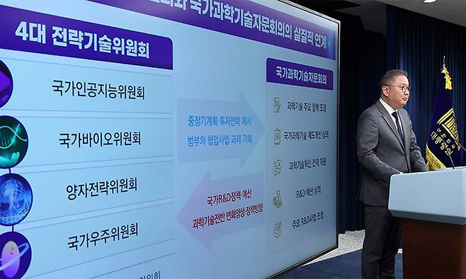 박상욱 대통령실 과학기술수석이 3일 서울 용산 대통령실 브리핑룸에서 국가바이오위원회 출범 관련 브리핑을 하고 있다. 뉴스1