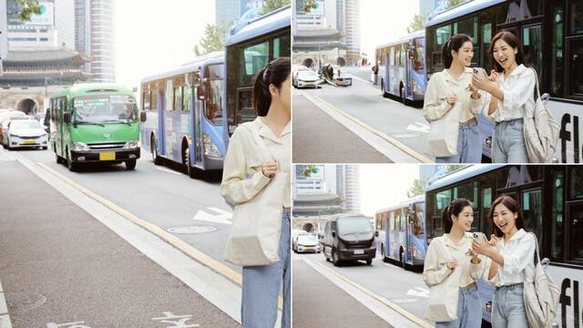 왼쪽이 원본. 오른쪽 위는 아이폰 ‘클린업’으로, 오른쪽 아래는 갤럭시 ‘생성형 편집’으로 연두색 마을버스를 지워본 모습. 클립아트코리아