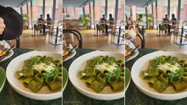 왼쪽은 식당 내부를 찍은 사진 원본. 중간은 갤럭시 ‘생성형 편집’으로, 오른쪽은 아이폰 ‘클린업’으로 사람의 팔을 지운 모습. 이재연 기자