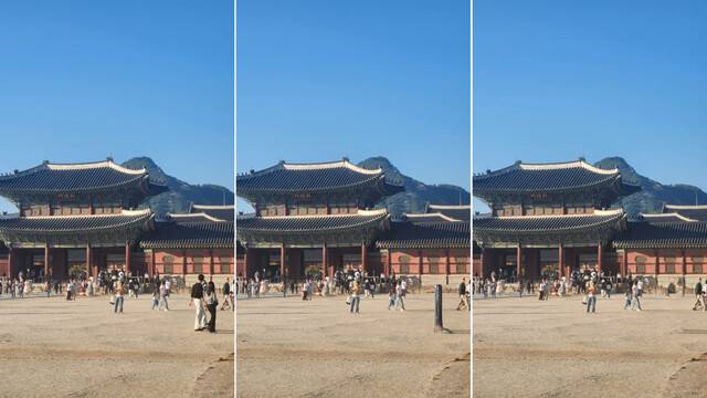 왼쪽은 경복궁을 찍은 사진 원본. 중간은 갤럭시 ‘생성형 편집’으로, 오른쪽은 아이폰 ‘클린업’으로 관광객 2명을 지운 모습. 이재연 기자