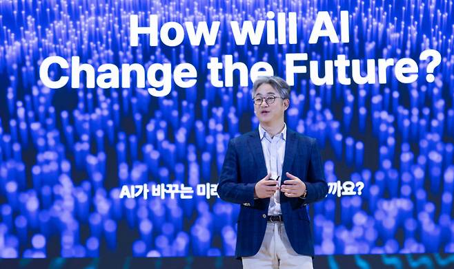 SK Telecom’s Chief AI Global Officer Chung Suk-geun gives a presentation at the SK AI Summit 2024 held in Seoul on Monday. (SK Telecom)