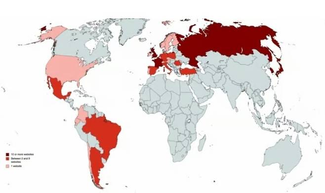 가짜 뉴스 웹사이트가 확산된 국가. 색이 짙을 수록 웹사이트가 다수 적발된 국가다. [사진=캐나다 더시티즌랩 웹사이트]