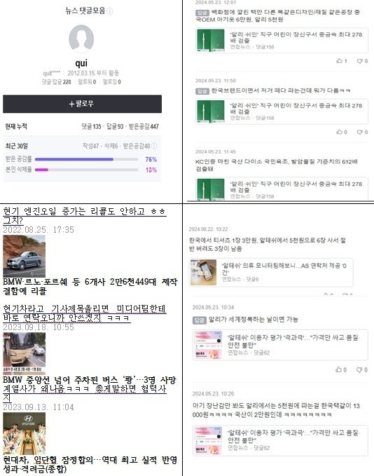 네이버에서 조직적 댓글작업을 하는 한 아이디 사용자의 댓글모음.