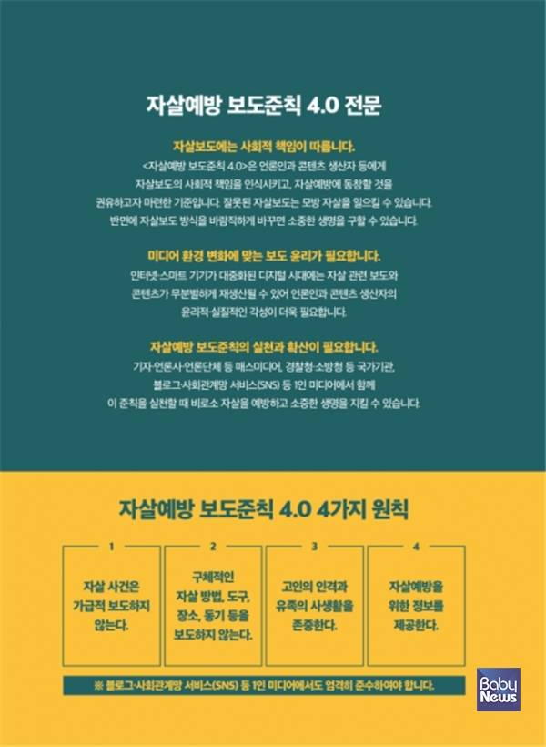 자살예방 보도준칙 4.0 (전문 및 4가지 원칙). ⓒ보건복지부