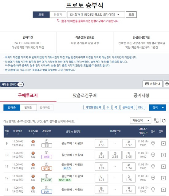 프로토 승부식 134회차 대상 경기 및 배당률.