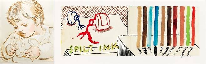 파블로 피카소의 ‘아침식사를 하는 아이’(왼쪽). 데이비드 호크니의 ‘테스트 중 흘린 잉크’. /인천아트쇼조직위원회 제공