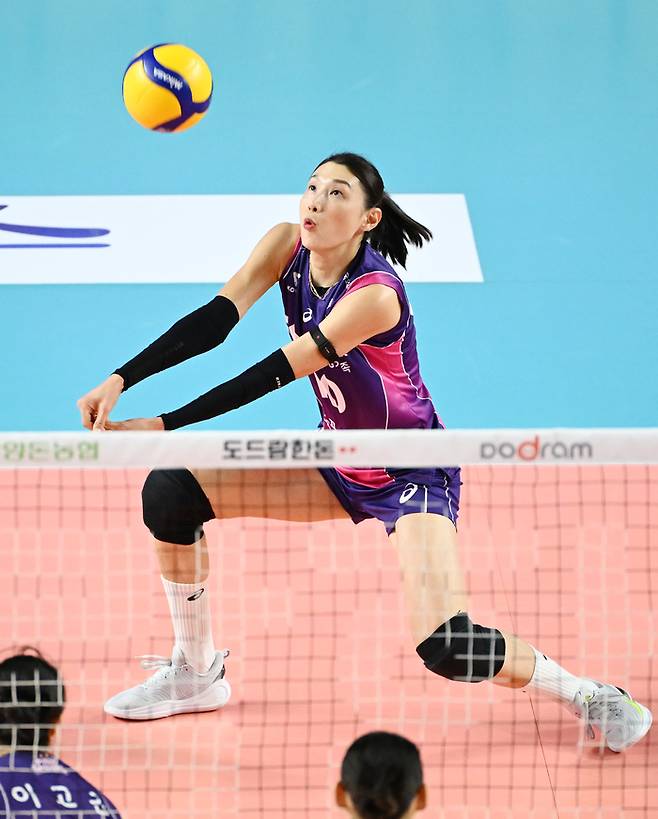 리시브하는 흥국생명 김연경. 제공 | 한국배구연맹