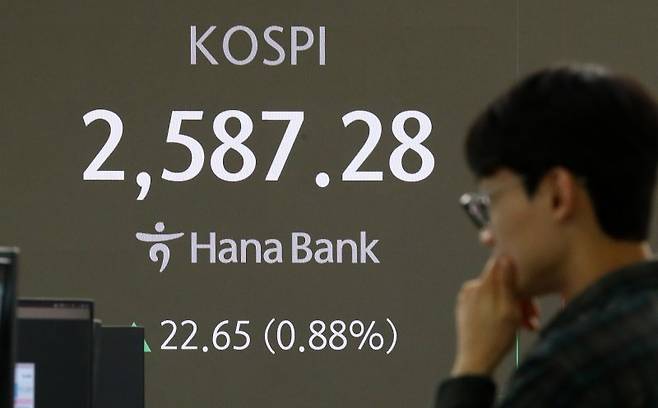 8일 오전 서울 중구 하나은행 딜링룸 전광판에 지수가 표시되고 있다. 뉴시스 제공