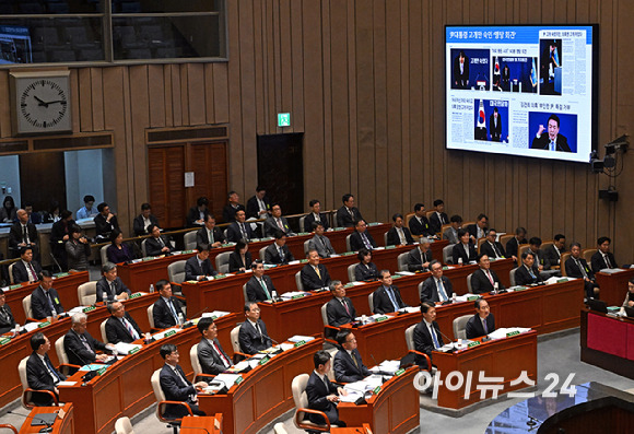 한덕수 국무총리가 8일 국회에서 열린 예산결산특별위원회 전체회의에서 윤석열 대통령의 대국민 담화 및 기자회견 관련 질의를 듣고 있다. [사진=곽영래 기자]