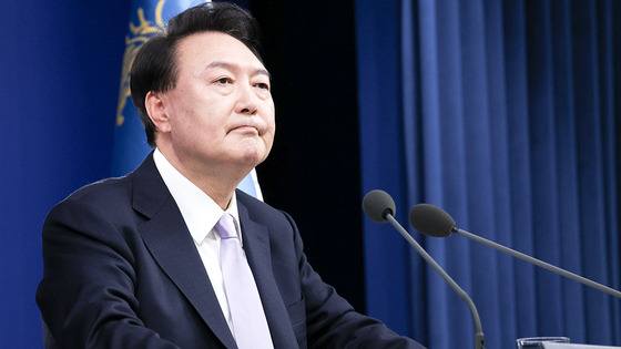 President Yoon Suk Yeol speaks during a press conference at the presidential office in central Seoul on Thursday. [JOINT PRESS CORPS]