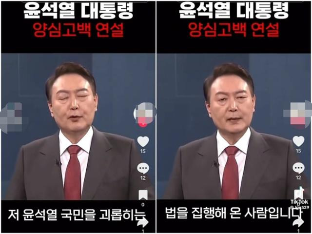 틱톡 등 SNS를 통해 유통된 윤석열 대통령 편집 영상. 틱톡 캡처본