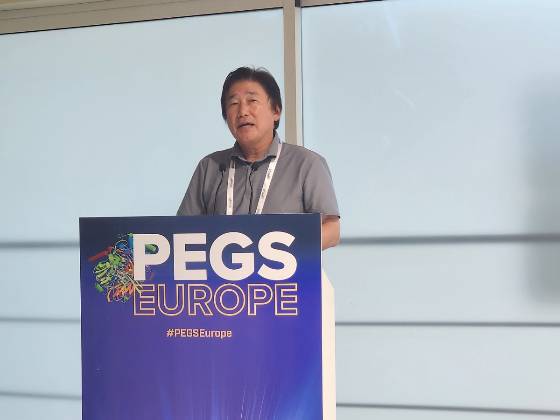 이상훈 에이비엘바이오 대표가 스페인 바르셀로나에서 열린 PEGS 유럽에서 4-1BB 이중항체 플랫폼 '그랩바디-T' 발표를 진행 중이다. /사진=에이비엘바이오