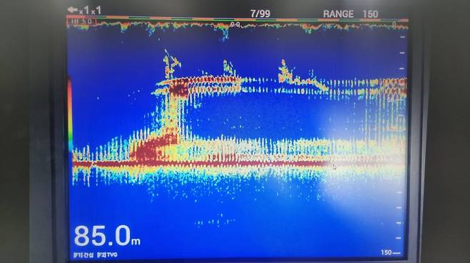8일 침몰 사고가 난 '135금성호'가 사고지점으로부터 북동쪽 370m 떨어진 바다에서 뒤집힌 채 발견됐다. 선단선에서 어군탐지기로 촬영한 '135금성호'의 모습. /사진=뉴스1(제주해양경찰청 제공)