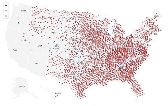 4년 전과 비교했을 때 전국적으로 '붉은 파도'가 거세게 일었다. 지도 : 뉴욕타임스