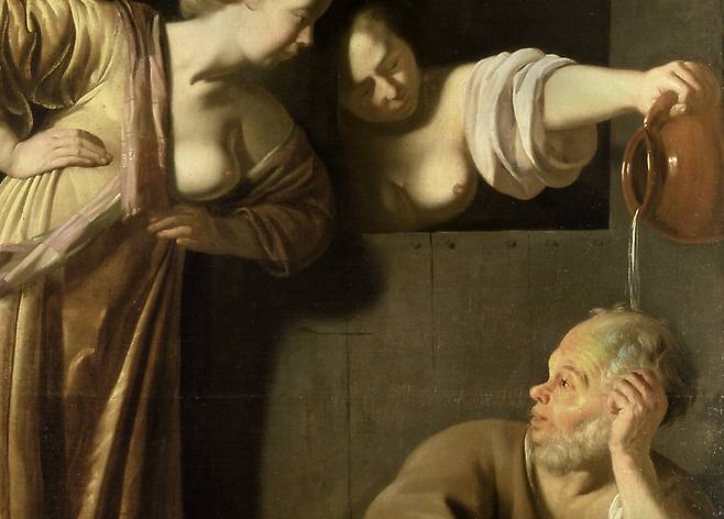 레이어 반 블로멘달, 소크라테스와 두 아내, 그리고 알키비아데스(일부 확대), 1660년경, 캔버스에 유채, 210x198cm, 발랑시엔 미술관