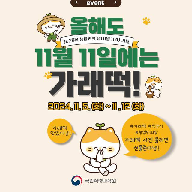 농업인의 날을 맞아 농림축산식품부가 진행하는 11월 가래떡데이 행사 관련 포스터. [국립식량과학원 제공]