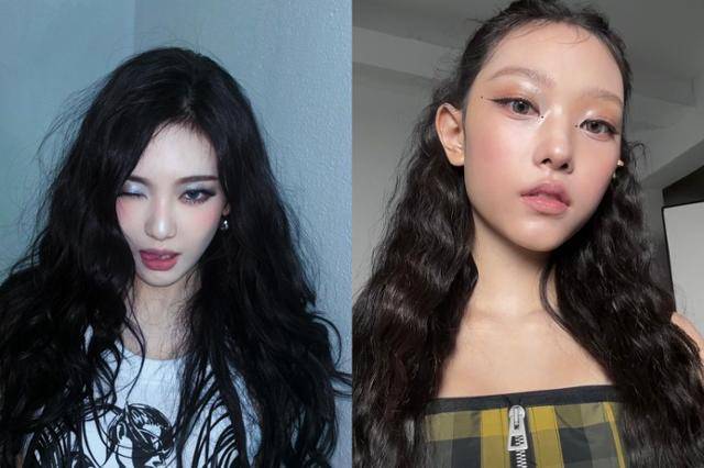 그룹 에스파 닝닝(왼쪽)과 뉴진스 해린도 사이버틱한 분위기의 메탈릭 섀도우를 활용한 메이크업을 선보였다. 닝닝 뉴진스 SNS