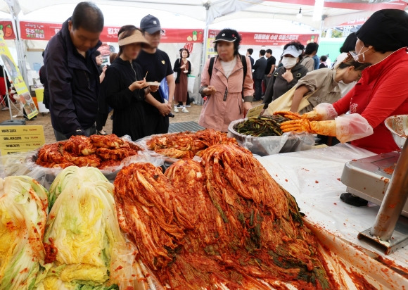 김치 맛보는 시민들 - 18일 광주광역시청 광장에서 열린 제31회 광주김치축제를 찾은 시민들이 김치마켓에서 시식하고 있다. 2024.10.18 연합뉴스