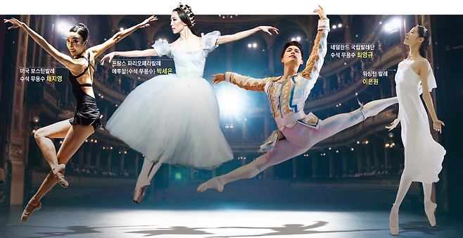 내년 1월 11~12일 서울 세종문화회관 대극장에서 열리는 ‘2025 발레의 별빛, 글로벌 발레스타 초청 공연’, 세계 최고 발레단에서 활동하는 'K발레'의 별 14명이 한꺼번에 무대에 선다. 왼쪽부터 미국 보스턴 발레 수석 무용수 채지영, 프랑스 파리오페라발레 에투알(수석 무용수) 박세은, 네덜란드 국립발레단 수석 무용수 최영규, 워싱턴 발레 이은원. /사진=리자 볼·요노탄 켈레르만·알틴 카프티라·바키, 그래픽=김현국
