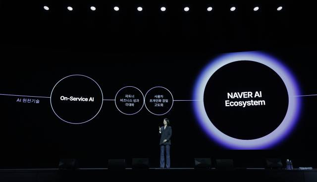 최수연 네이버 대표가 11일 서울 강남구 코엑스에서 열린 기술 콘퍼런스 ‘단(DAN) 24’에서 인공지능(AI) 전략을 소개하고 있다. 사진 제공=네이버