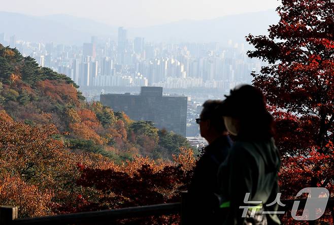 서울 남산의 단풍과 회색 도심이 대비를 이루고 있다. 2024.11.12/뉴스1 ⓒ News1 구윤성 기자