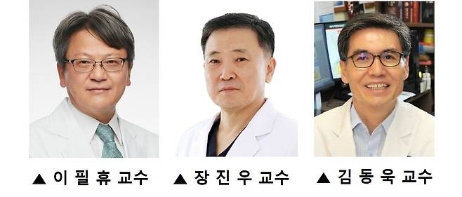 파킨슨병 환자들의 배아줄기신경세포 치료제 효과를 측정한 임상연구팀. 왼쪽부터 이필휴 세브란스병원 신경과 교수, 장진우 고려대학교 안암병원 신경외과 교수, 김동욱 연세대학교 의과대학 생리학교실 교수./세브란스병원