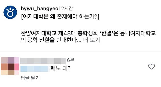 한 주짓수 선수가 동덕여대 공학 전환 반대를 지지하는 한양여대 총학생회의 연대문에 "패도 돼?"라는 댓글을 남겼다. /인스타그램