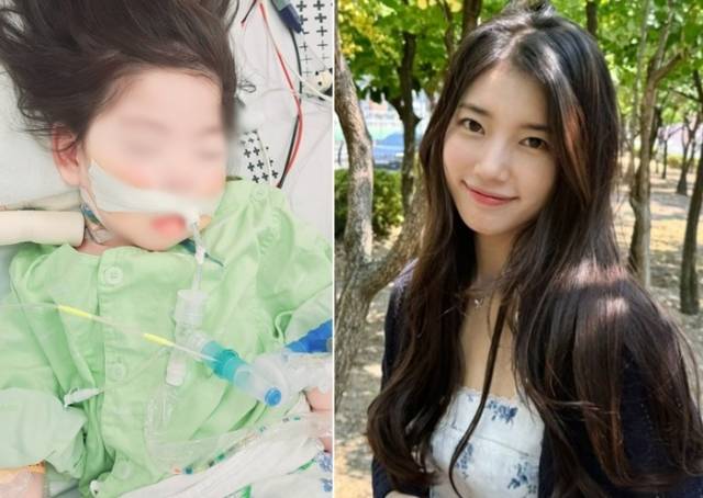 배우 수지. 왼쪽은 수지가 치료비로 2000만원을 후원한 생후 27개월 배리희양. 배양 어머니 제공, 수지 인스타그램.