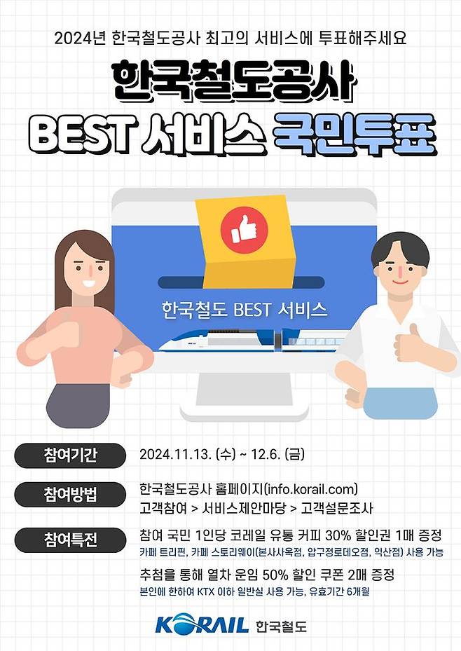 한국철도공사(코레일)가 '2024년 베스트 서비스 국민투표'를 진행한다고 14일 밝혔다.ⓒ코레일