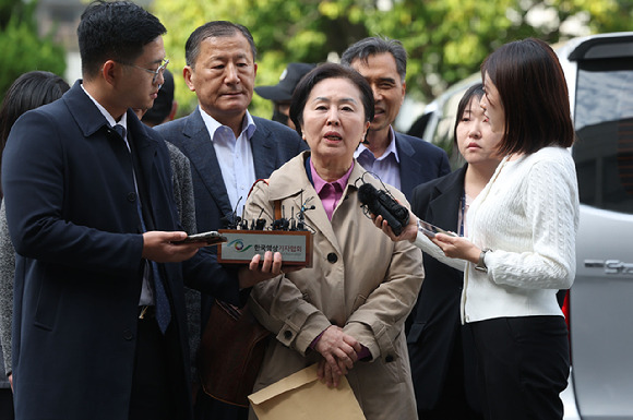 김건희 여사 공천 개입 의혹과 미래한국연구소의 불법 여론조사 의혹 등 사건의 핵심 인물인 국민의힘 김영선 전 의원이 14일 오후 경남 창원시 성산구 창원지방법원(창원지법)에 구속 전 피의자 심문(영장실질심사)을 받기 위해 출석하고 있다. 2024.11.14 [사진=연합뉴스]