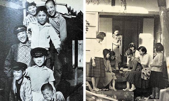 1960년대 수산나 여사가 대구에서 돌봤던 구두닦이 소년들(왼쪽 사진). 오른쪽 사진은 수산나(가운데) 여사가 1962년 가톨릭여자기술원에서 미혼모, 가출 소녀 등과 즐거운 시간을 보내고 있는 모습. /월간 ‘빛’