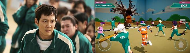 넷플릭스 시리즈 '오징어 게임 시즌2'의 한 장면(왼쪽). 오른쪽은 '오징어 게임'의 세계관과 스토리를 기반으로 만든 넷플릭스 게임 '오징어 게임: 모바일 서바이벌'.  넷플릭스