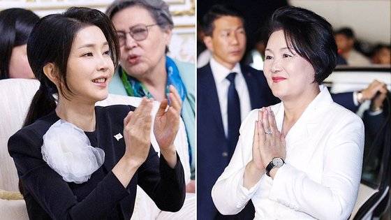 지난달 14일(현지시간) 우즈베키스탄 방문 중인 김건희 여사(왼쪽), 지난 2018년 11월 인도 방문 중인 김정숙 여사(오른쪽). 연합뉴스