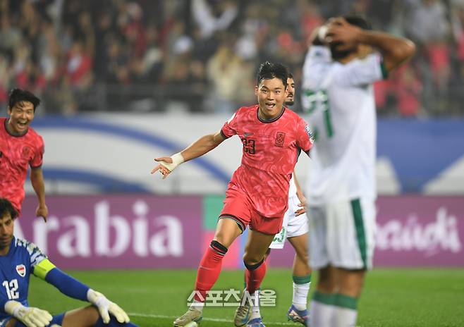 오현규가 지난달 15일 용인 미르스타디움에서 열린 2026 FIFA 북중미 월드컵 아시아 3차 예선 이라크와 경기에서 골을 넣은 후 환호하고 있다. 용인 | 최승섭기자 thunder@sportsseoul.com