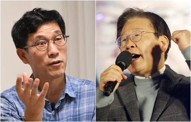 진중권 광운대 특임교수(왼쪽)와 이재명 더불어민주당 대표. 한국일보 자료사진, 뉴시스