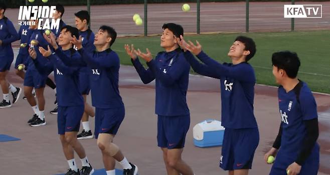 쿠웨이트전을 마친 뒤 훈련에 임한 축구대표팀 선수들. 사진=KFA 인사이드캠 캡처