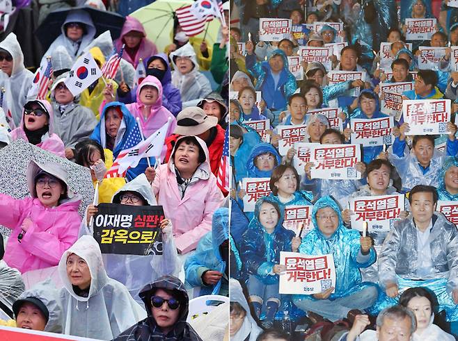 더불어민주당 이재명 대표의 공직선거법 위반 관련 1심 선고 후 첫 주말인 16일 보수진영, 진보 진영의 도심 집회는 계속됐다. 이날 오후 전국안보시민단체연합 등 보수단체 회원들이 서울 세종대로에서 집회를 하고 있다(왼쪽 사진). 같은 날 오후 광화문 인근에서 열린 '김건희·윤석열 국정농단 규탄 및 특검 촉구 3차 집회'에서 참가자들이 구호를 외치고 있다.    연합뉴스