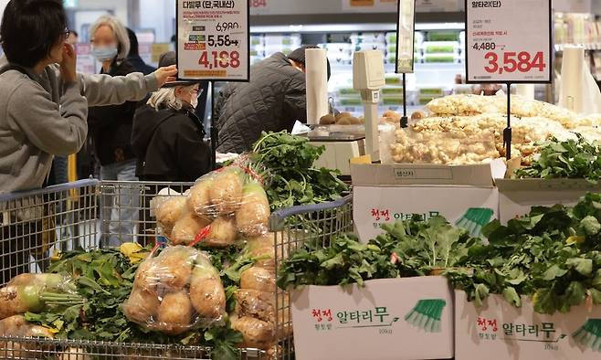 지난 15일 오전 서울 이마트 용산점에서 시민이 무 가격을 확인하고 있다. 연합뉴스