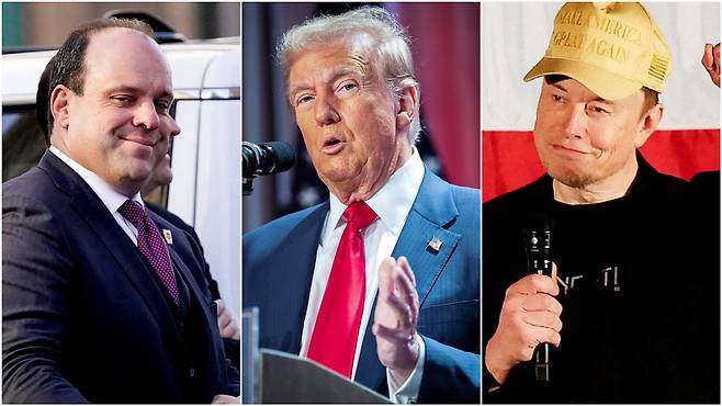 왼쪽부터 보리스 엡스타인,  도널드 트럼프 미국 대통령 당선인, 일론 머스크 테슬라 최고경영자. /로이터·AP 연합뉴스·로이터 뉴스1