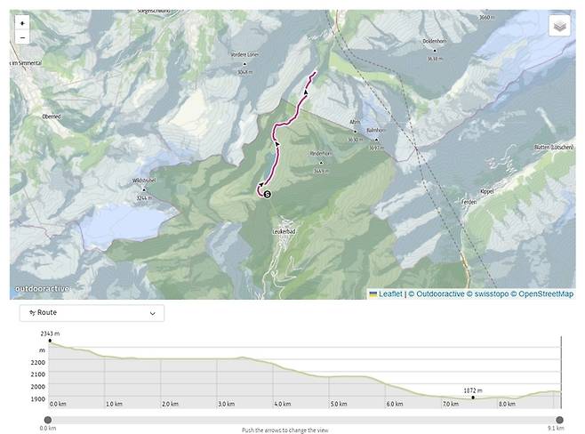 겜미 롯지부터 순뷔엘까지 약 9㎞ 구간 지도 / 이미지=leukerbad.ch 캡처