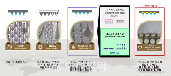 라파스의 용해성 마이크로니들 기술인 ‘DEN’과 다른 마이크로니들 기술 비교 (자료=라파스)