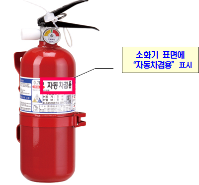 차량용 소화기는 일반 분말소화기의 성능시험 뿐만 아니라 진동시험과 고온시험으로 부품이탈‧파손‧변형 등 손상이 없는 것까지 검증된 소화기를 의미하며, 소화기 용기 표면에 ‘자동차 겸용’ 표시가 되어 있다. 소방청